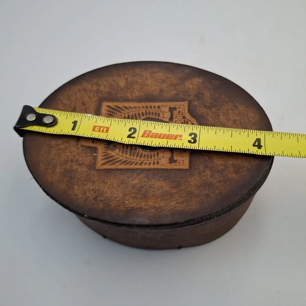 Vintage Leather Trinket Box Embossed Lyre Harp Emblem Red Velvet Lined Biblical